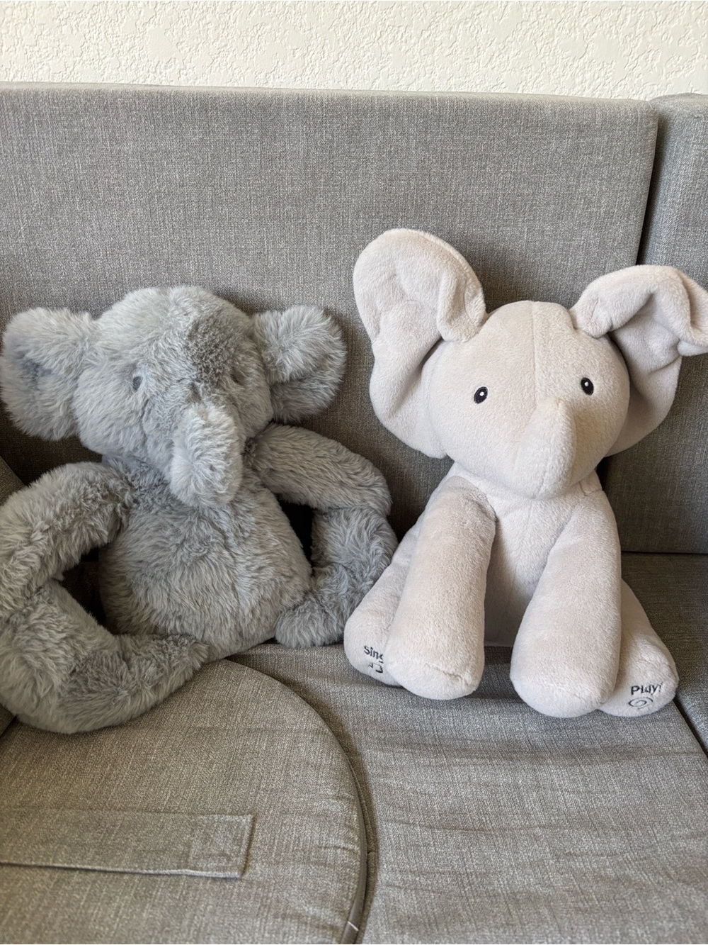 Gund baby "Flappy the Elephant" and Cloud Island soft elephant.